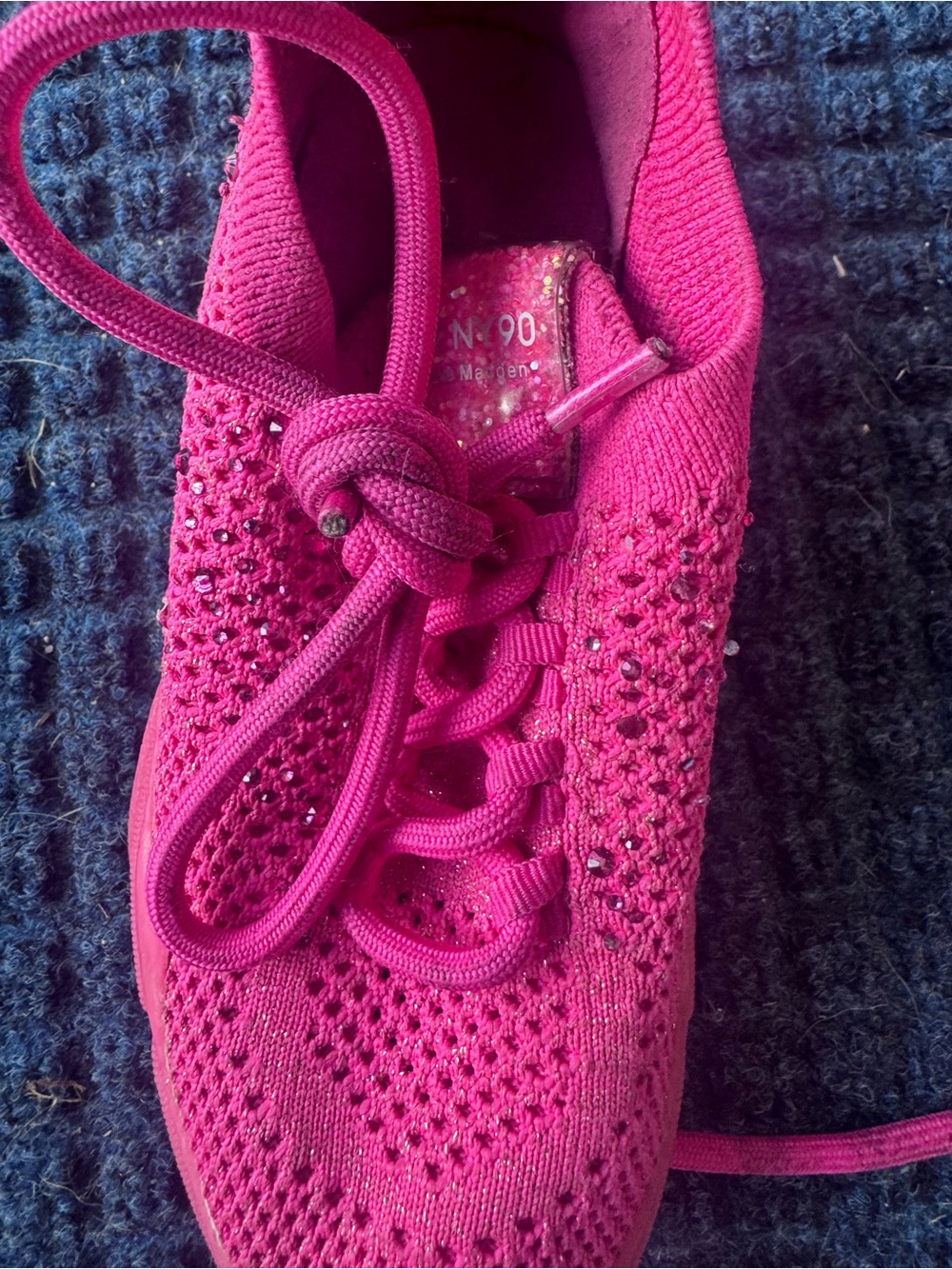 Steve Madden Girls Hot Pink Knit Lace-Up Sneaker with Rhinestones